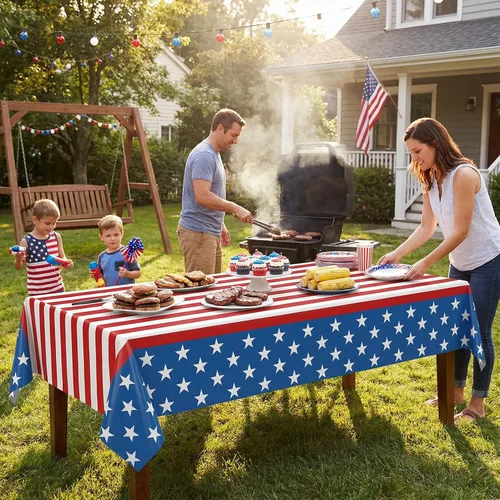 Miniatura 5 de BokingOne 3-Pack 54"x108" American Flag Plastic Tablecloth – Stars & Stripes Design, Disposable for 4th of July, Independence Day, Memorial Day, Rojo