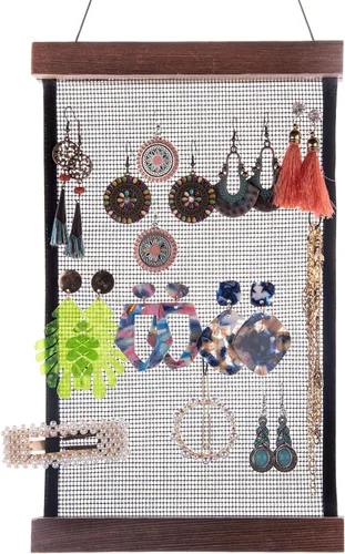 FEQO Organizador de aretes de malla para colgar aretes, soporte para colgar en la pared, organizador de joyas con 20 ganchos negros en forma de S