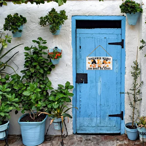 Miniatura 4 de Letrero decorativo para puerta delantera, deseos de girasol y besos de abeja de miel, letrero de gnomo de verano para decoración del hogar, porche