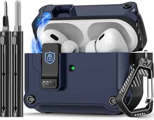 Pohgelan - Funda compatible con AirPods Pro 2ª/1ª (azul) | Cerradura magnética automática con kit de limpieza, compatible con Magsafe