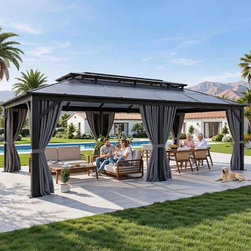 Miniatura 10 de YITAHOME Cenador de policarbonato de 10 x 12 pies para patio al aire libre, doble techo de hierro galvanizado, columna de aluminio, cortinas