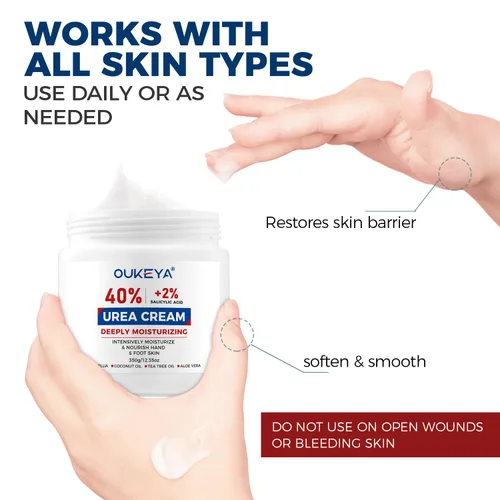 Miniatura 5 de OUKEYA Crema de urea 40% con 2% ácido salicílico intensivo para pies, manos y cuerpo para piel muy seca, agrietada y áspera en talones, rodillas