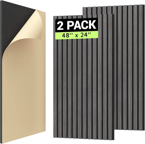 Miniatura 10 de TONOR 4 paneles de listones de madera, paneles acústicos adhesivos de 48 x 24 pulgadas para pared, paneles decorativos 3D estriados para absorción