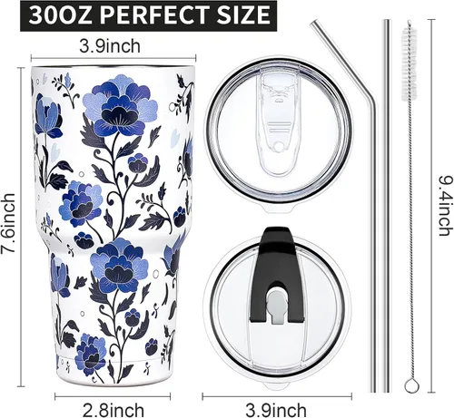 Miniatura 5 de Vaso de 30 onzas con tapas y pajillas, vaso aislado de doble pared, vaso de acero inoxidable al vacío, con recubrimiento en polvo, taza de café