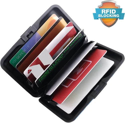 Miniatura 6 de Tarjetero de aluminio con bloqueo RFID para hombres y mujeres, elegante cartera de viaje con 7 ranuras, la mejor protección contra escaneos