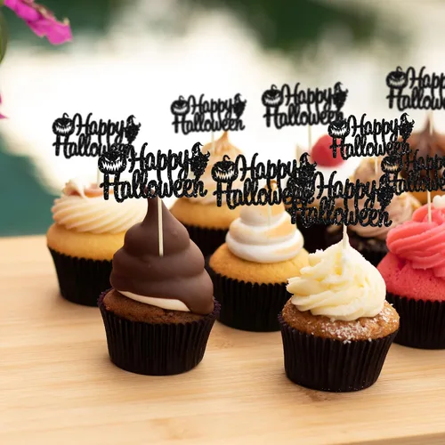 Miniatura 4 de Gyufise 24 adornos para cupcakes de Halloween con calabaza, fantasma, purpurina negra, decoraciones para cupcakes para niños, decoración de fiesta