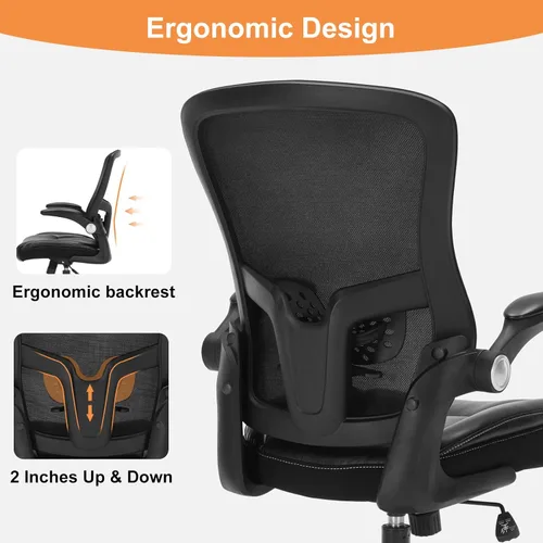 Miniatura 6 de Silla de oficina ergonómica, silla de escritorio con reposabrazos abatible ajustable con soporte lumbar, silla de computadora de malla transpirable