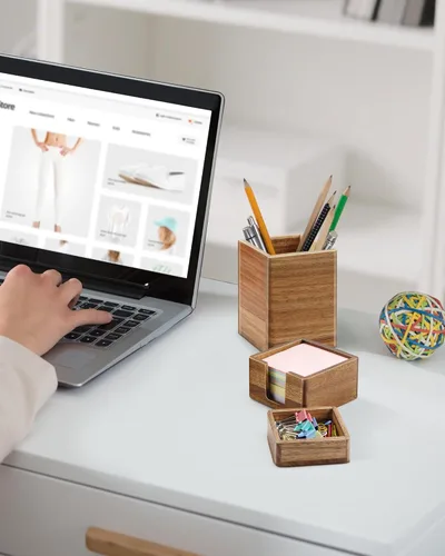 Miniatura 6 de Juego de organizador de escritorio de madera de acacia con soporte para notas adhesivas, vaso para lápices y bolígrafos y almacenamiento de clips