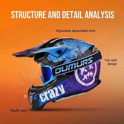 Miniatura 8 de OUMURS Casco de ATV Bicicleta de Tierra para Adultos con Gafas Guantes y Máscara Hebilla de Liberación Rápida Visera Solar Ajustable Casco de Azul
