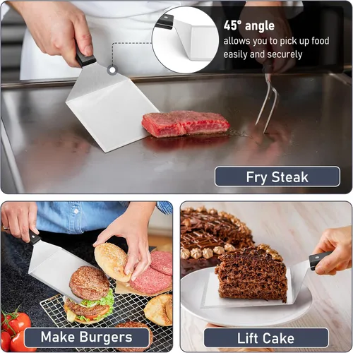 Miniatura 6 de HaSteeL - Juego de 2 espátulas de metal grandes de acero inoxidable con mango de ABS, resistente para hamburguesas y panqueques, ideal para cocinar