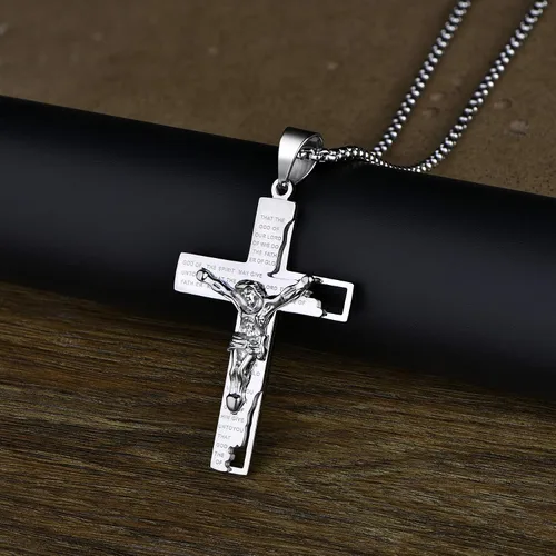 Miniatura 4 de YL Collar de cruz de acero inoxidable con colgante de crucifijo para hombre cadena Rolo de Jesucristo joyería de oración del Señor