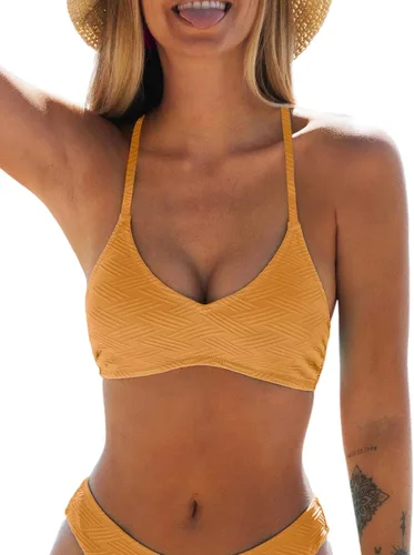Miniatura 36 de CUPSHE - Parte superior de bikini para mujer; traje de baño superior con diseño cruzado, tirantes delgados y escote en V