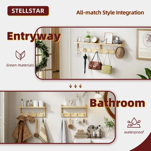 Miniatura 6 de STELLSTAR Perchero con estante, paquete de 2 colgadores de pared de bambú con 8 ganchos para entrada, pasillo, cocina, baño, sala de estar, cuarto