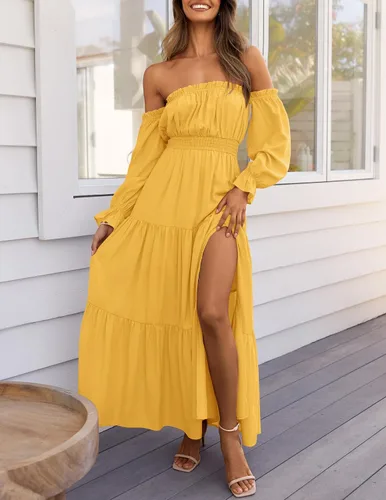 Miniatura 105 de ZESICA - Vestido largo, bohemio y sexy, con hombros descubiertos y manga larga fruncida, con elástico fruncido, cintura alta y abertura lateral