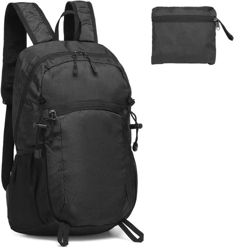 Mochila de senderismo plegable, mochila de camping resistente al agua, ligera de poliéster para hombres, mujeres, viajes al aire libre Negro