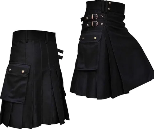 Miniatura 3 de Kilt_ Falda plisada de bolsillo sólido estilo escocés casual para hombre