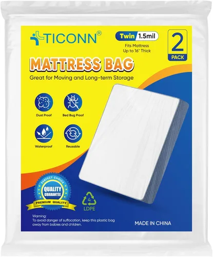 TICONN 2PK Bolsa de plástico para colchón para mudanza y almacenamiento, cubierta protectora impermeable para colchón, suministros resistentes para