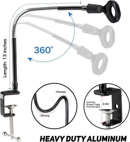 Miniatura 7 de Soporte de micrófono de escritorio de 13 pulgadas flexible con cuello de cisne para micrófono, soporte universal para micrófono/teléfono