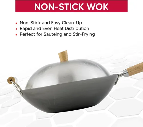 Miniatura 4 de Juego de Wok de Helen's Asian Kitchen - Sartén Wok con Tapa, Wok de Acero al Carbono de 13.5 Pulgadas - Wok Antiadherente de Fondo Plano