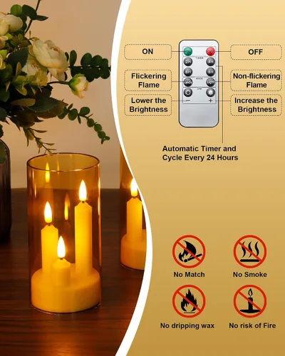 Miniatura 3 de Enido Oro Juego de 2 Piezas Velas LED Sin Llama Cónicas 3-en-1 con Control Remoto, Juego de Pilares de Acrílico que Funcionan con Baterías, Luces