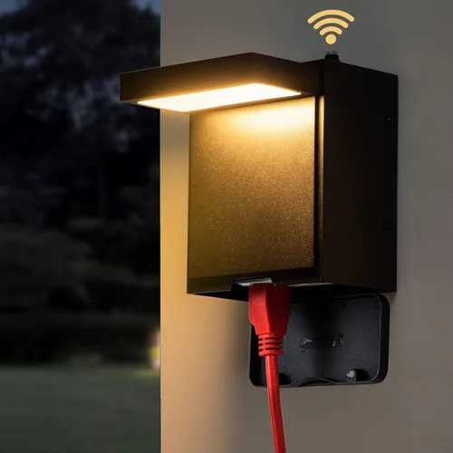 Miniatura 10 de Nigaut Luz de porche del atardecer al amanecer con salida GFCI, moderna lámpara LED de pared para exteriores con toma incorporada, aplique