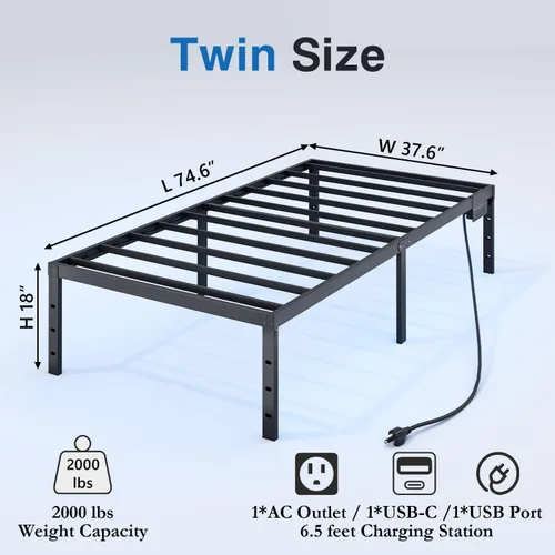 Miniatura 2 de HAVONIZD Marco de cama tamaño twin con luces LED y estación de carga - Marco de cama de plataforma de metal resistente de 18 pulgadas, no necesita