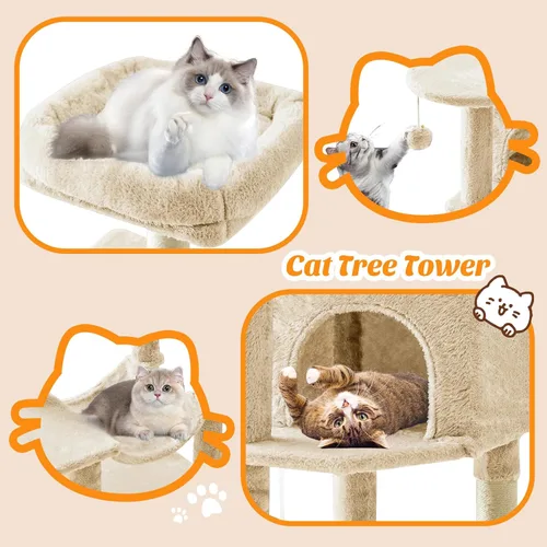 Miniatura 6 de DUMOS Torre pequeña de árbol para gatos de 44 pulgadas, torre de escalada para gatos con postes rascadores de sisal natural, hamaca, condominio