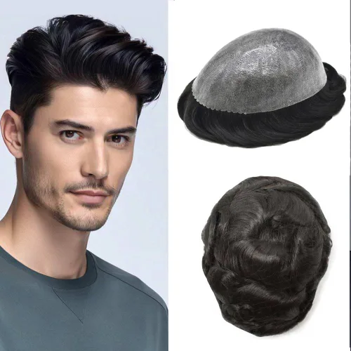 Miniatura 41 de Toupee para hombres Cabello humano Toupee Hombres Hairpiece Poly Thin Skin Mens Hair System Hair Pieces Sistema de reemplazo para hombre Protesis
