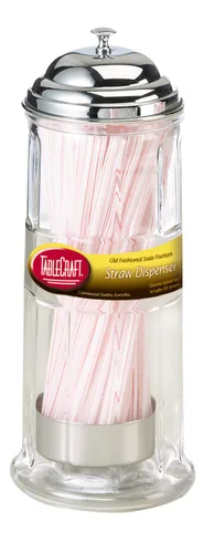 TableCraft H714CH dispensador de paja, 4.7 in x 4.7 in x 11.8 in, vidrio, cromo plateado superficie, incluye 72 pajitas por dispensador