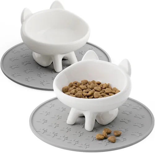 Paquete de 2 cuencos de cerámica elevados para gatos antivómitos con 2 alfombrillas antideslizantes, juego de alimentación ortopédica inclinada de