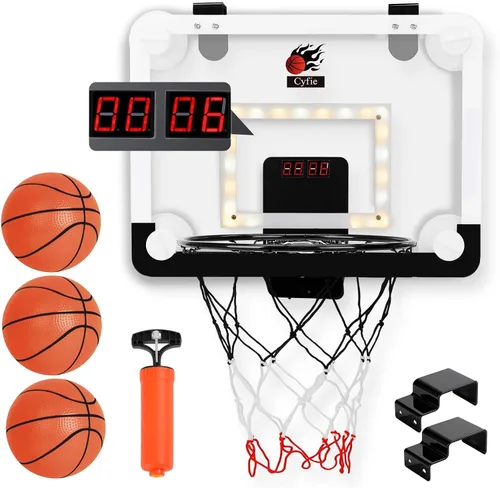 Miniatura 10 de CYFIE Mini aro de baloncesto para interiores para niños con luz LED, ventosa/aro de baloncesto sobre la puerta con marcador y 3 bolas, juguetes