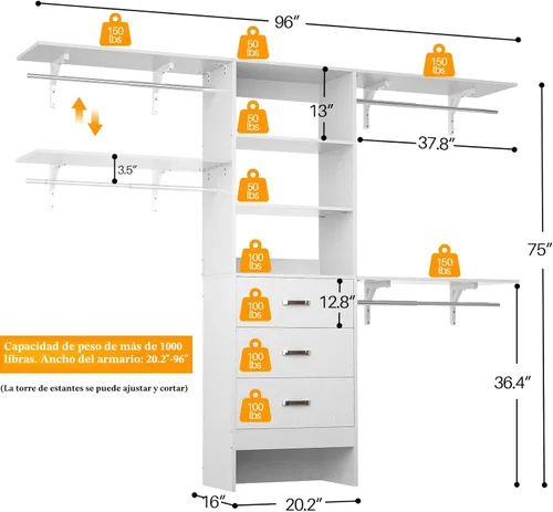 Miniatura 3 de Sistema de Organización de Closet Besiost con Cajón - Sistema Organizador de Closet de Madera de 8 Pies con 3 Barras para Colgar y Torre de Blanco