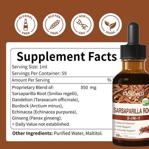Miniatura 8 de Gotas de raíz de zarzaparrilla para desintoxicación y limpieza, apoyo hepático y apoyo inmunológico. Mezcla natural con extracto de equinácea