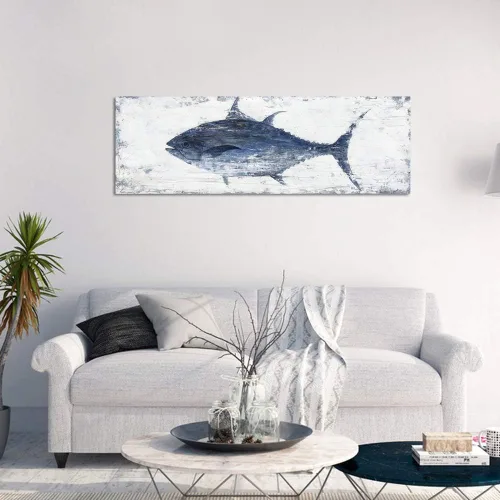Miniatura 4 de Yihui Arts Lienzo de pared pintado a mano, pintura abstracta de atún, obra de arte moderna, imágenes costeras en color azul y blanco para decoración