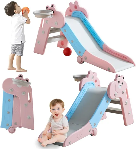 GITAWUSA Tobogán plegable para niños pequeños, juego de toboganes de plástico para interiores con aro de baloncesto y pelota Rosa Azul