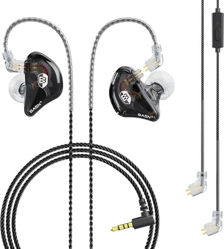 Miniatura 13 de BASN Auriculares profesionales intrauditivos con monitor para cantantes, bateristas y músicos con conector MMCX IEM (Pro Clear Negro)