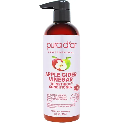 PURA D'OR Acondicionador Thin2Thick de vinagre de sidra de manzana de 16 onzas, biotina, queratina, cafeína, aceite de ricino e ingredientes activos