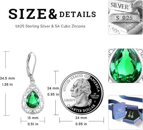 Miniatura 124 de Aretes colgantes de plata de ley con diseño de árbol de la vida, flor, abeja, animales, gato, colibrí, piedra lunar, turquesa, aretes con cierre