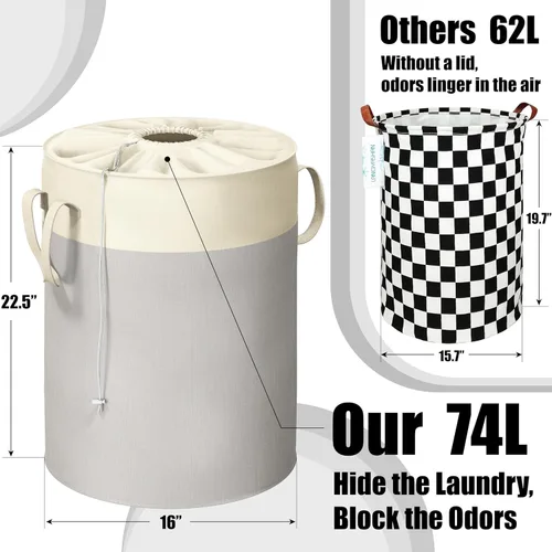 Miniatura 3 de Simple Houseware Cesta de lavandería plegable de 74L, cesta redonda de algodón con cierre de cordón y asas, paquete de 2, color gris