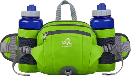 Waterfly - Riñonera Fanny Pack: Bolso Fanny con 2 soportes para botellas de agua, cinturón lumbar, para senderismo, caminatas, correr, trotar, Verde