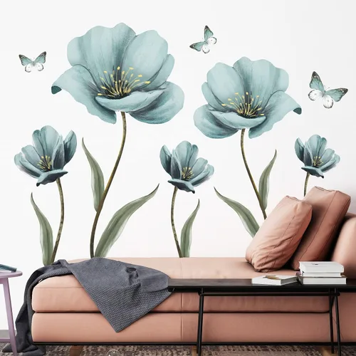 Miniatura 4 de Calcomanías de pared de flores azules de ensueño creativas pintadas con mariposas para pared, pintura romántica, decoración artística, vinilo