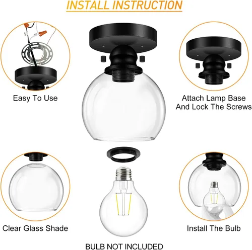 Miniatura 5 de Glass Semi Flush Mount Ceiling Light, Industrial Porch Light Fixtures, Matte Black Base with 6“ Clear Glass Shade, Bright Close to Ceiling Light for