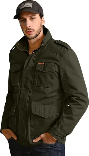 Miniatura 4 de WenVen Chaqueta ligera de estilo militar para hombre, rompevientos de algodón de sarga