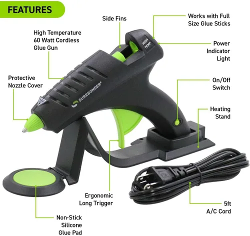 Miniatura 4 de Pistola de pegamento caliente sin cable Surebonder, alta temperatura, tamaño completo, 60W, 50% más potencia y barras de pegamento caliente Adtech
