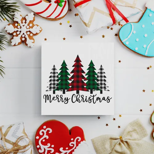 Miniatura 3 de Cartel de madera con diseño de árboles de Navidad divertidos, caja de madera con texto en inglés «Merry Christmas», arte rústico, estante