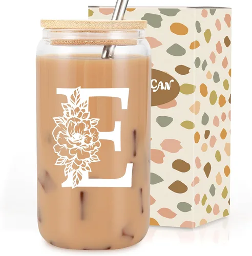 Taza de Vidrio Inicial Coolife, Regalos Personalizados con Monograma para Mujeres, Tazas de Vidrio de 16 oz con Tapas y Popotes, Taza para Café