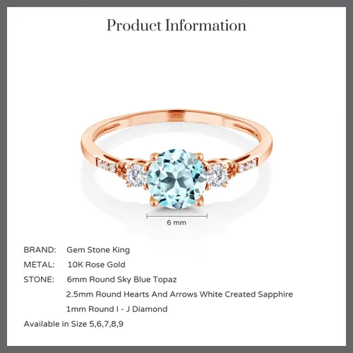 Miniatura 6 de Gem Stone King Anillo de compromiso de oro rosa de 10 quilates con topacio azul cielo y zafiro blanco creado para mujer