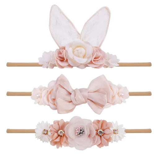 Miniatura 14 de cherrboll 3 diademas de flores para bebé, súper suaves y elásticas, de nailon, para recién nacidas Rosa (Rose Bloom)