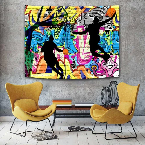 Miniatura 7 de Ine Ive Tapiz deportivo de baloncesto con graffiti nostálgico, póster de pared de arte callejero de 40 x 30 pulgadas para niños, silueta de tiro