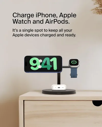 Miniatura 2 de Cargador compatible con MagSafe de Belkin, estación de carga inalámbrica 3 en 1, carga inalámbrica certificada Qi2 de 15 W para Apple iPhone serie